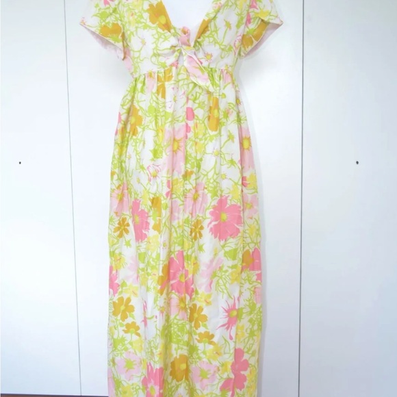 1970s Vintage "Eyeful" Sateen Pastel Floral Maxi Dress Medium / Large - Picture 7 of 11